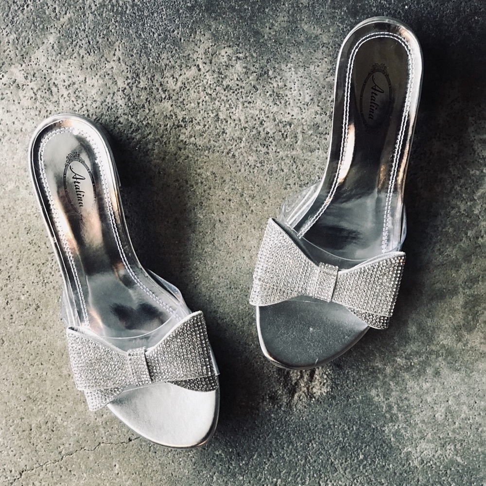 1 left! Italina Silver Bow Rhinestone Mule Heel 7 - Picture 3 of 8